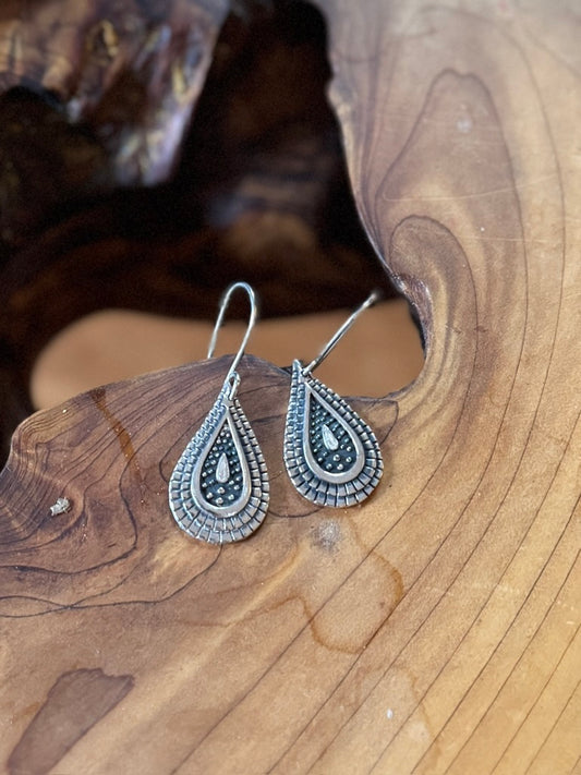 Silver Teardrop earrings with black antiquing