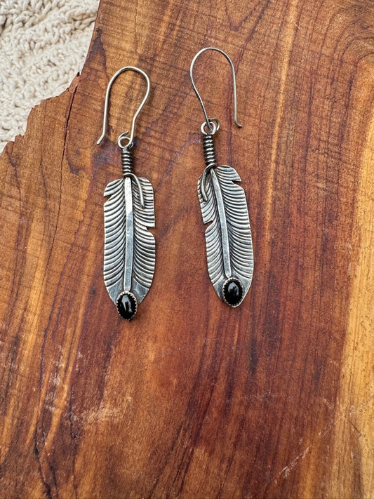 Onyx Silver Feather Earrings