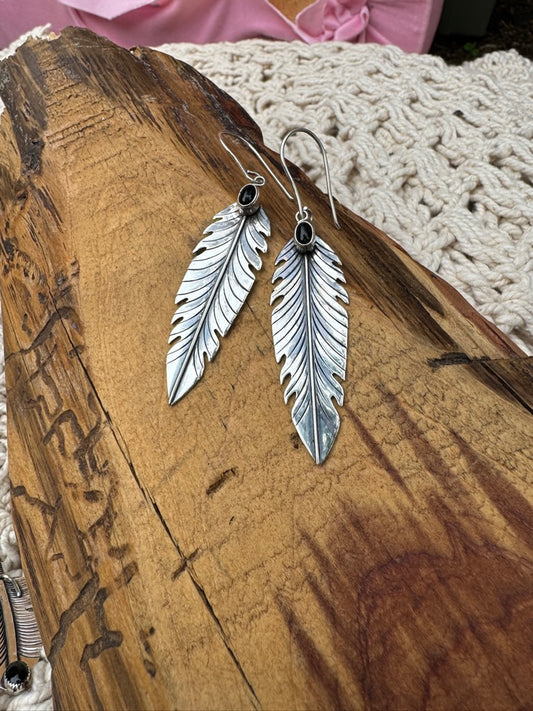 Painted Patina Silver Feather Earrings & Onyx