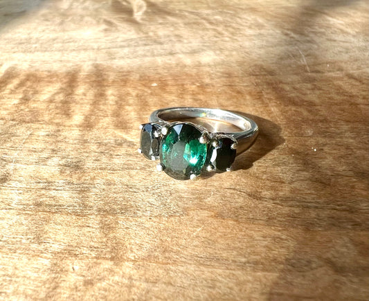 Deep teal tourmaline & Black spinel ring in 14kt white gold