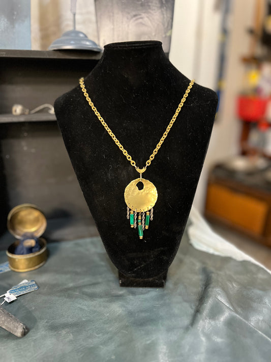 Hammered Brass pendant with malachite and vintage brass chain